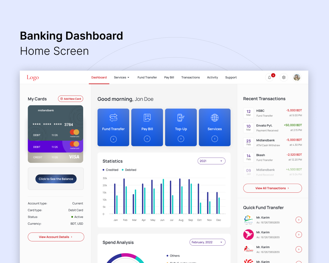 Banking app dashboard UI design